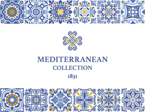标签或名片模板与偶氮马赛克瓷砖图案 花卉图案 地中海 葡萄牙 西班牙传统的老式风格 矢量说明 — 图库矢量图片