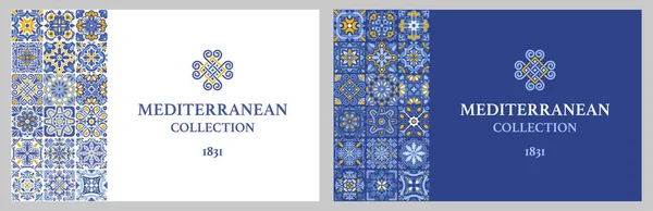 标签或名片模板与偶氮马赛克瓷砖图案 花卉图案 地中海 葡萄牙 西班牙传统的老式风格 矢量说明 — 图库矢量图片
