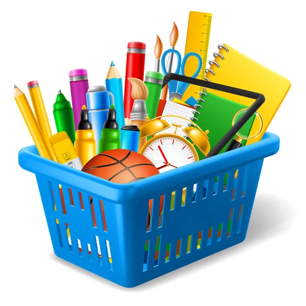 Back School Sale Realistic Shopping Basket Full Stationery Preparing Study — Stock Vector