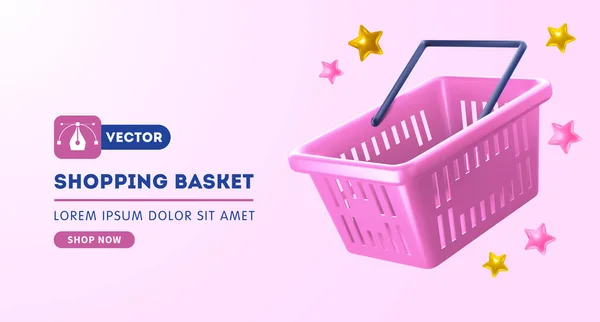 空のショッピングバスケットと広告バナーテンプレート ピンクの背景にリアルな3Dピンクのショッピング製品カート テキスト用の場所 ベクターイラスト — ストックベクタ