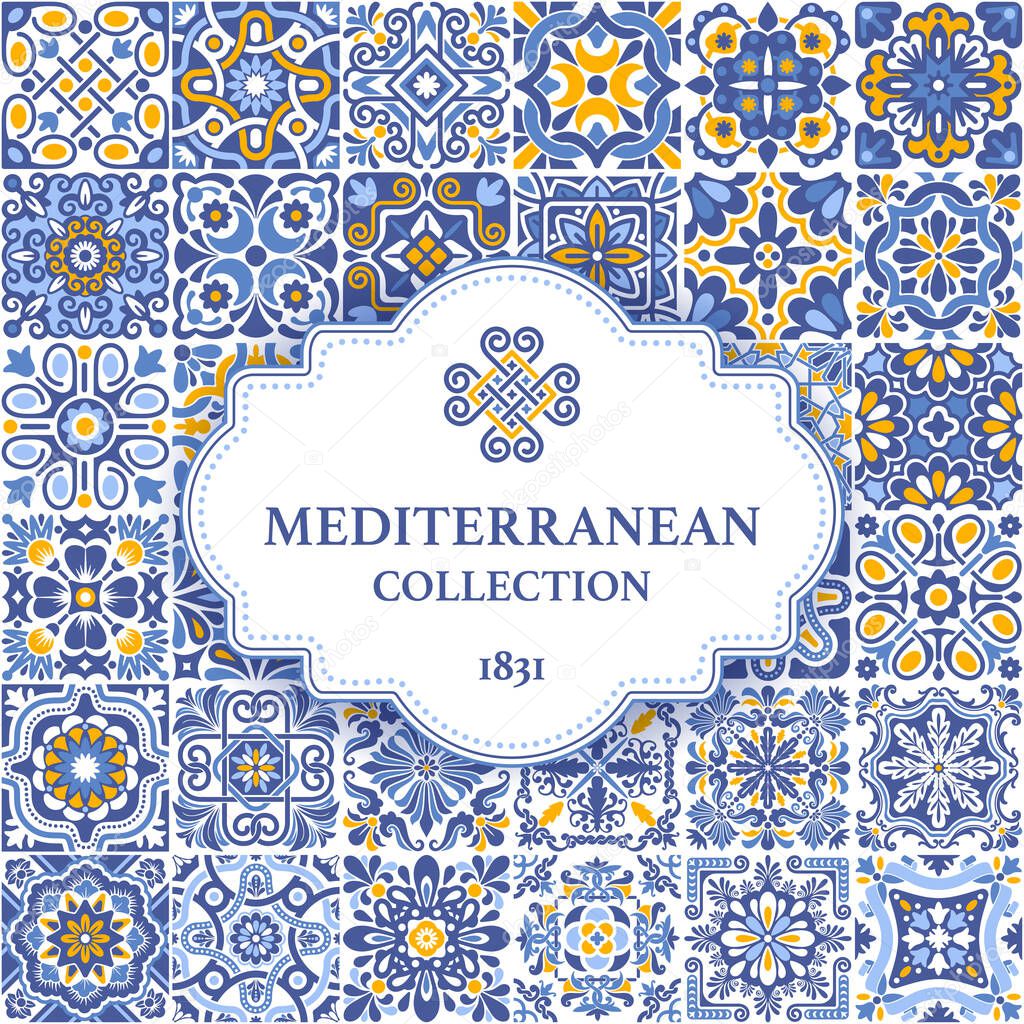 Label or business card template with azulejo mosaic tile pattern, blue, white, yellow colors, floral motifs. Mediterranean, Portuguese, Spanish traditional vintage style. Vector illustration