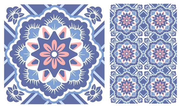 Мозаика Azulejo Квадратные Узоры Цветочными Мотивами Синем Белом Цветах Средиземноморская — стоковый вектор
