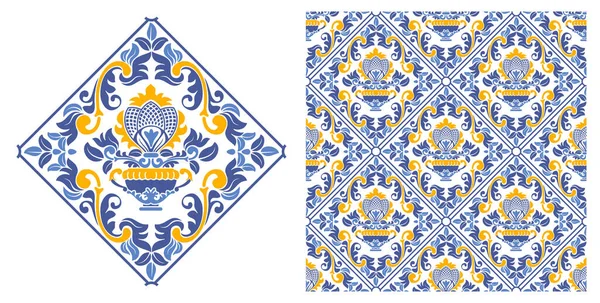 Azulejo Mosaico Patrones Cuadrados Con Motivos Florales Colores Azul Blanco — Vector de stock
