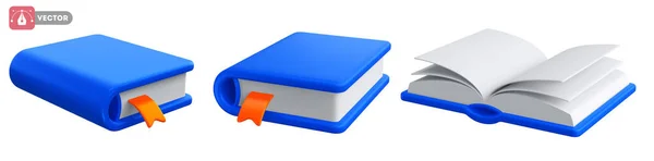ブックアイコンセット 白い背景に隔離されたブックマークと青いカバーを持つ紙の本 ノートブック ハンドブック 日記を閉じて開きます オンライン教育の概念 3Dリアルなベクターイラスト — ストックベクタ