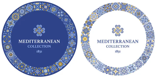 Okrągły Szablon Ramki Azulejo Mozaiki Wzór Płytek Niebieski Biały Żółte — Wektor stockowy