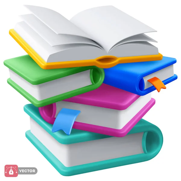 Bücher Stapeln Sich Mit Lesezeichen Farbigen Einbänden Und Offenen Büchern — Stockvektor