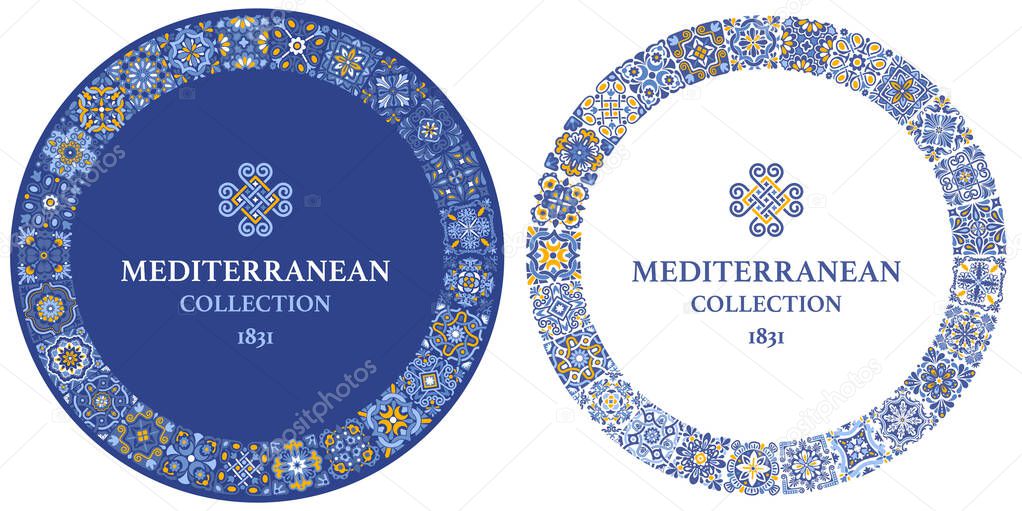 Round frame template with azulejo mosaic tile pattern, blue, white, yellow colors, floral motifs. Mediterranean, Portuguese, Spanish traditional vintage style. Vector illustration