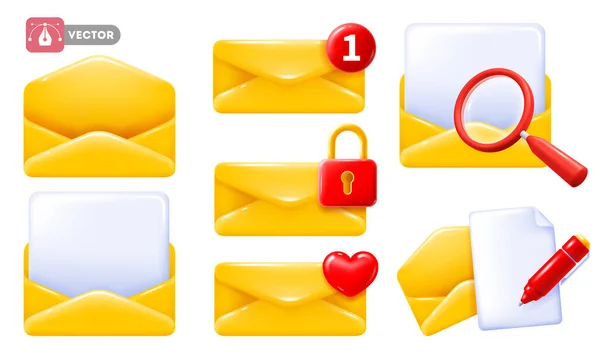 Yellow Postal Envelopes Icon Set Email Notifications Realistic Minimal Glossy — Stock Vector