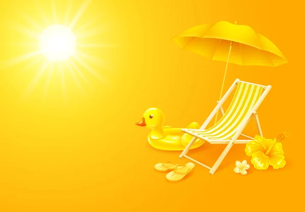 暑假的横幅模板为黄色 配有海滩或游泳池配件 带条纹的甲板椅子 翻筋斗和令人愉快的鸭形充气环 矢量现实的3D示例 — 图库矢量图片