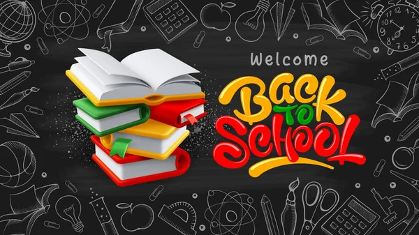 Voltar Fundo Escola Com Pilha Livros Letras Voltar Escola Objetos —  Vetores de Stock