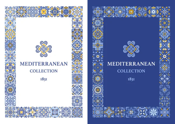 Plantilla Marco Con Azulejo Patrón Mosaico Azul Blanco Colores Amarillos — Archivo Imágenes Vectoriales