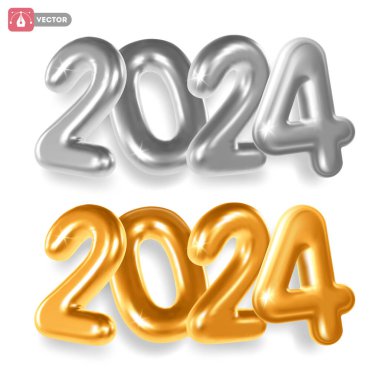 2024 yeni yıl seti. 3D gerçekçi altın ve gümüş parıltılı ve parlak metalik numaralar 2024, beyaz arka planda izole edilmiş, gölgeli. Vektör illüstrasyonu