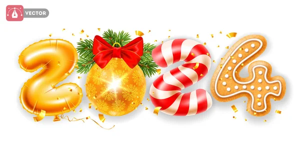 ハッピーニューイヤー2024 3D現実的で孤立した創造的な数字2024黄金の箔バルーンで作られた トウヒの小枝とクリスマスボール キャンディー杖 ジンジャーブレッド ティンセルを飛んで飾られています ベクターイラスト — ストックベクタ