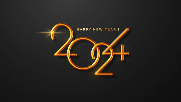 2024年新年の挨拶カード 優雅水平方向のバナーテンプレート ブラックを背景にした豪華な3Dリアルな薄い黄金の金属数2024 ベクターイラスト — ストックベクタ