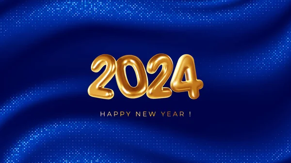 2024年新年の挨拶カード 優雅水平方向のバナーテンプレート キラキラとダークブルーのシルク生地の背景に高級3D現実的な黄金の金属番号2024 ベクターイラスト — ストックベクタ
