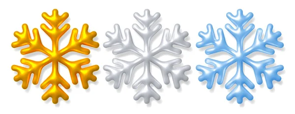 Realistische Sneeuwvlokken Set Goud Zilver Lichtblauwe Kleur Met Schaduw Glanzend — Stockvector