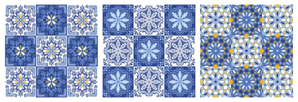 Azulejo Mosaic Seamless Patterns Floral Motifs Blue White Colors Mediterranean — Stock Vector