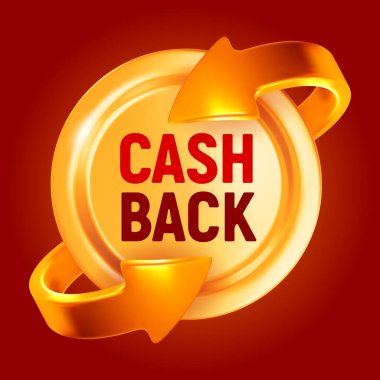 Nakit geri işareti, paranın geri dönüşünü sembolize eden, altın sikkenin etrafında dönen gerçekçi 3D altın oklar. Vektör kavramsal illüstrasyon