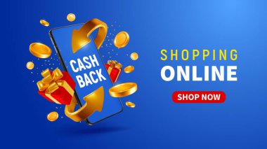 Cash back from shopping online, banner template, realistic 3d golden arrows, which symbolizing the money refund, swirling around smartphone, gold coins and gifts. Vector conceptual illustration clipart