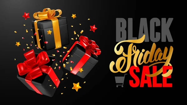 Zwarte Vrijdag Sale Banner Sjabloon Letteren Realistische Zwart Satijn Luxe — Stockvector