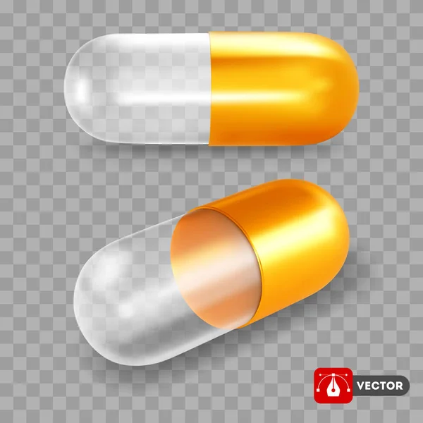 Χρυσό Και Διαφανές Άδειο Χάπι Ιατρική Κάψουλα Ρεαλιστική Φαρμακευτική Κάψουλα — Διανυσματικό Αρχείο