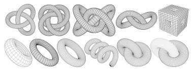 Kablolar, düşük çözünürlüklü 3 boyutlu geometrik şekiller, torus düğümleri. Gerçeküstü doğrusal figürler. Tekno fütüristik, bilim, siber punk, stil tasarım elementleri. Bakış açısı. Vektör illüstrasyonu