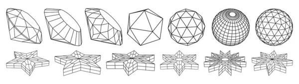 Kollektion Von Drahtgestell Lowpoly Geometrischen Formen Diamant Edelstein Sterne Kugeln — Stockvektor