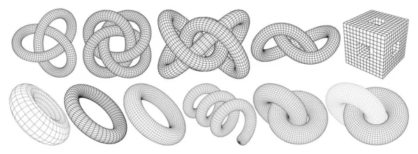 Συλλογή Από Wireframe Lowpoly Γεωμετρικά Σχήματα Torus Κόμβους Σουρεαλιστικές Γραμμικές — Διανυσματικό Αρχείο