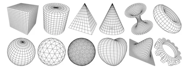 Colección Formas Geométricas Alambre Lowpoly Sólidos Platónicos Figuras Lineales Surrealistas — Archivo Imágenes Vectoriales