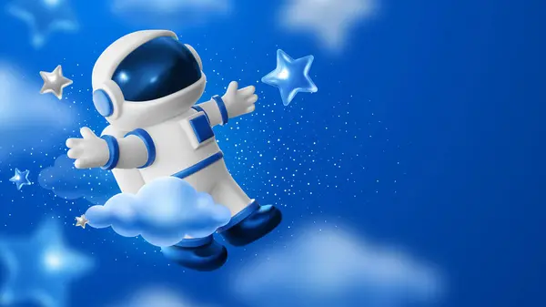 ヘルメット付きの白い青い宇宙服の宇宙飛行士 雲と星の間にあるハエ 彼の手で歓迎するジェスチャーを示しています 3Dリアルな漫画面白いキャラクター ベクトルイラスト — ストックベクタ