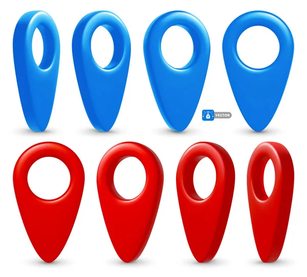 マークマップポイント用の3Dリアルベクトル位置ピン ナビゲーションアプリ用の赤と青のジオロケーションマーカー プラセマークのアイコンセット 旅行者のシンボル さまざまな角度からの眺め — ストックベクタ