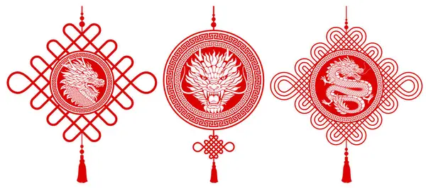 幸運と幸運のために月の新年のお祝いに使用するタッセルが付いている中国のノットのセット ドラゴンシルエットの図面で 2024年の中国の新年のシンボル ベクトルイラスト — ストックベクタ