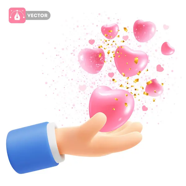 Söt Tecknad Realistisk Hand Som Håller Eller Ger Hjärtan Isolerad — Stock vektor