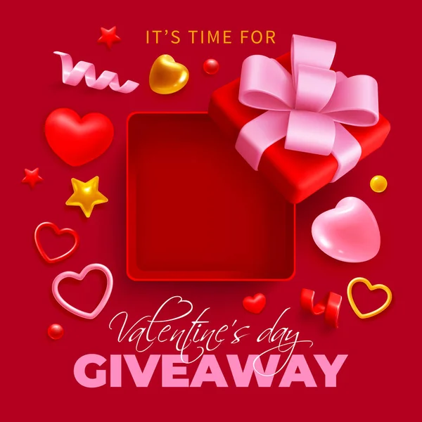 バレンタインデーのプレゼントバナーテンプレート かわいい漫画3Dリアルなオープンギフトボックスは ハートとタンクで赤い背景に フラットレイ構成 ベクトルイラスト — ストックベクタ
