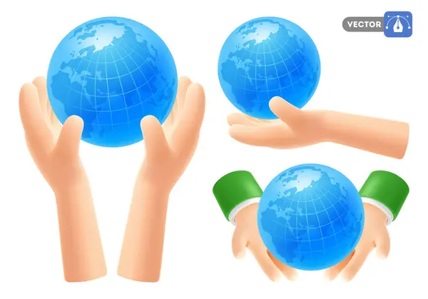 Uppsättning Söta Tecknade Realistiska Händer Som Håller Jordklotet Eller Planeten — Stock vektor