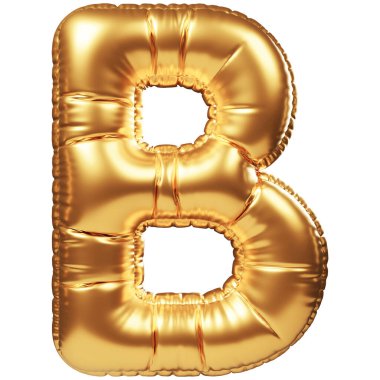 Büyük harf B şeklinde altın helyum balonu. 3 boyutlu gerçekçi dekorasyon, tüm kutlama etkinlikleri ve parti için tasarım unsuru, doğum günü, yıldönümü, düğün ve diğer kutlamalar için bayram tebrikleri