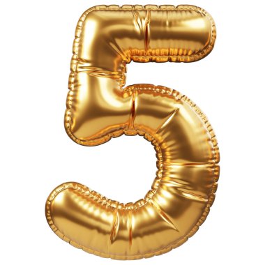 5 ya da 5 numara şeklinde altın helyum balonu. 3 boyutlu gerçekçi dekorasyon, tüm etkinlikler ve partiler için tasarım unsuru, doğum günü kutlamaları, yıldönümü, indirimde yüzde indirimi