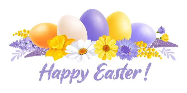 Gelukkige Pasen Banner Sjabloon Schattige Realistische Gekleurde Eieren Lentebloemen Madeliefje — Stockvector