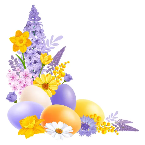 Gelukkige Paashoek Compositie Schattig Gekleurde Realistische Eieren Cartoon Lente Bloemen — Stockvector
