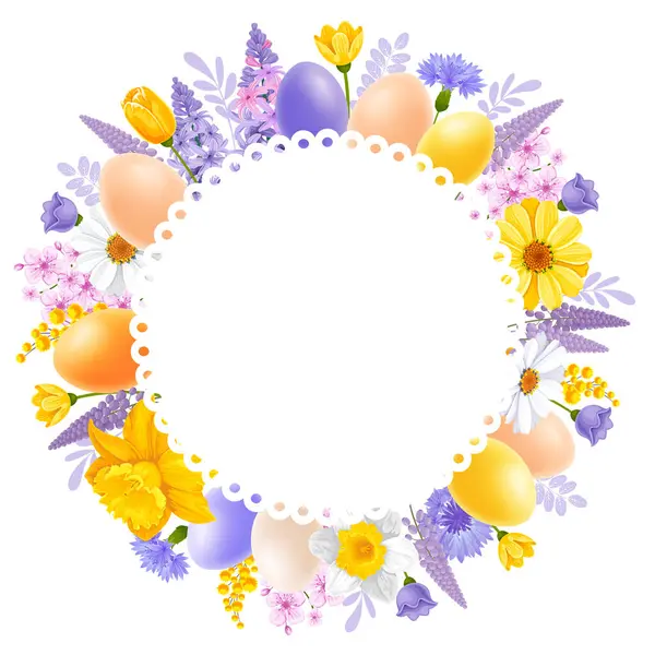 ハッピーイースターラウンドフレーム 白い背景に隔離された明るい色で描かれたかわいい色の3D現実的な卵および漫画の春の花 ベクトルイラスト — ストックベクタ