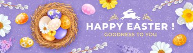 Easter banner template with cute colored eggs in the nest, spring flowers, pussy willow twigs on light purple background with hand drawn pattern on Easter theme and greeting text. Vector illustration