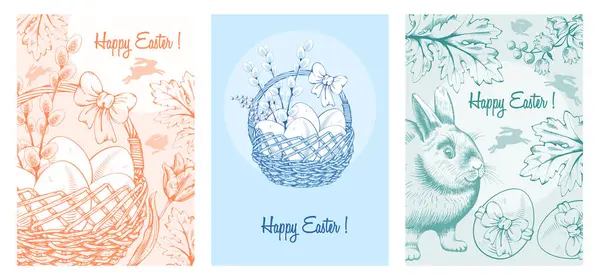 Ostern Vertikale Banner Oder Grußkarten Vorlagen Mit Eiern Korb Handgezeichnete — Stockvektor