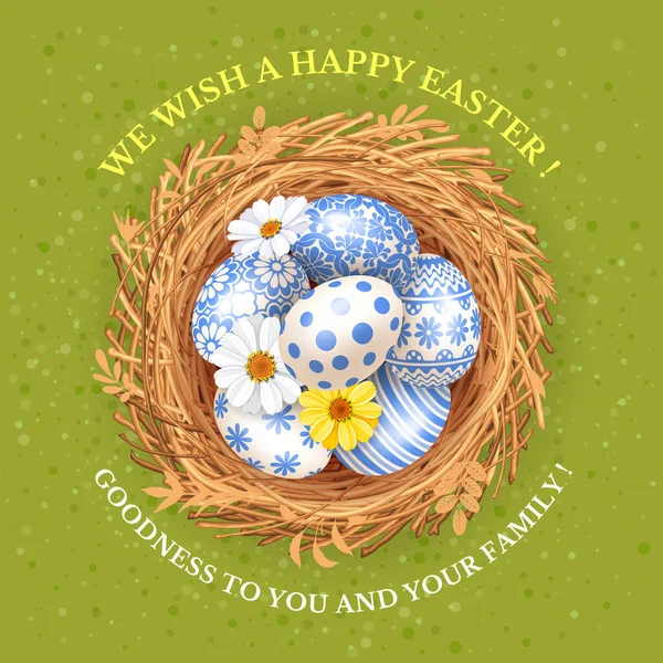 Easter Greeting Card Square Banner Template Cute Colored Eggs Patterns — Stock Vector