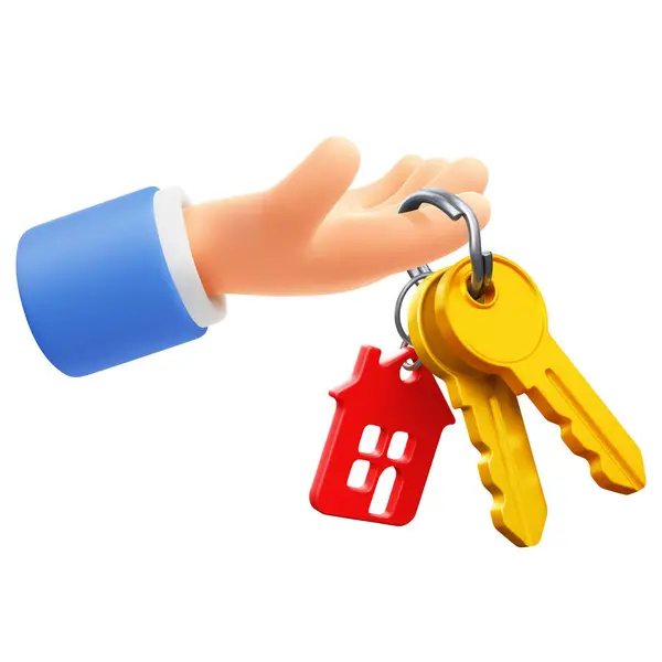 Hand Holding Giving Keys Keychain Form House Real Estate Concept — Stock Vector