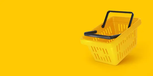 黄色い背景のスーパーマーケットからの黄色いプラスチック ショッピングか食料品のバスケット 広いバナーテンプレートを広告する 3Dレンダリングイラスト — ストック写真