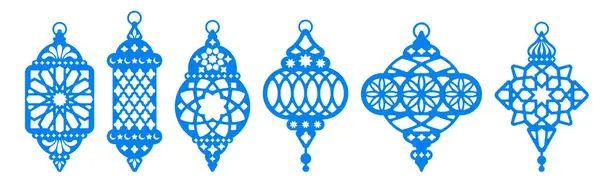 Conjunto Faroles Ramadán Lámparas Árabes Con Patrones Fanous Linterna Plana — Archivo Imágenes Vectoriales