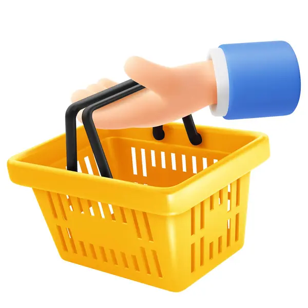Cute Cartoon Hand Holding Giving Yellow Empty Shopping Basket Realistic — Stock Vector