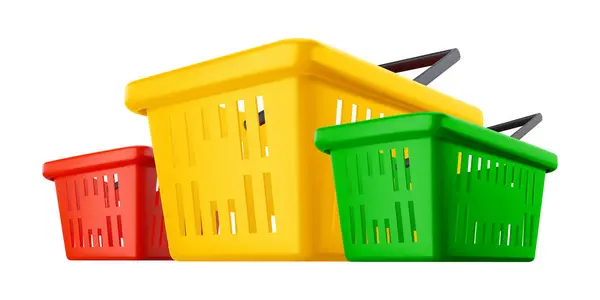 Drie Plastic Winkel Boodschappenmanden Van Supermarkt Rood Geel Groen Geïsoleerd — Stockvector