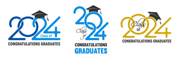 为2024届祝贺毕业生设计模板 为高中或大学毕业设计带有黑色学术帽 数字和祝贺文字的叠印 标识或徽章 矢量说明 — 图库矢量图片#