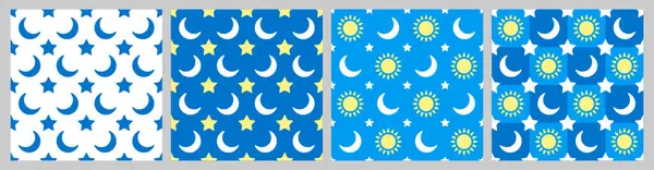 Set Seamless Pattern Crescent Stars Sun Simple Geometric Ornaments Wallpaper — Stock Vector
